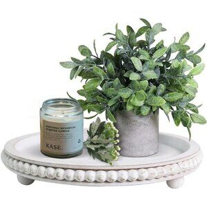 White round wood tray distressed beaded farmhouse decor coffee table accent